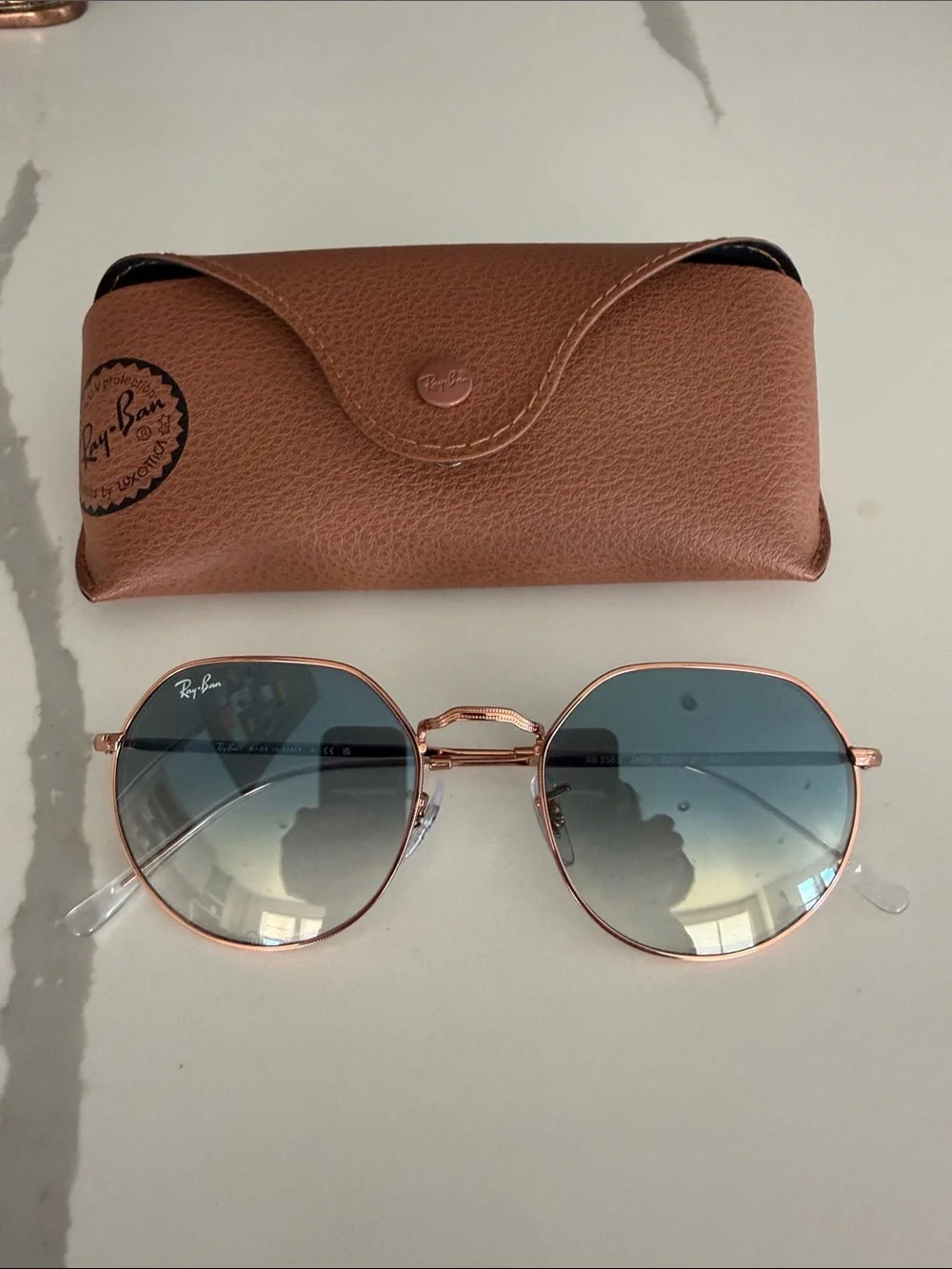 New Ray-Ban Jack unisex RoseGold Frame Blue Gradient Lens Sunglasses